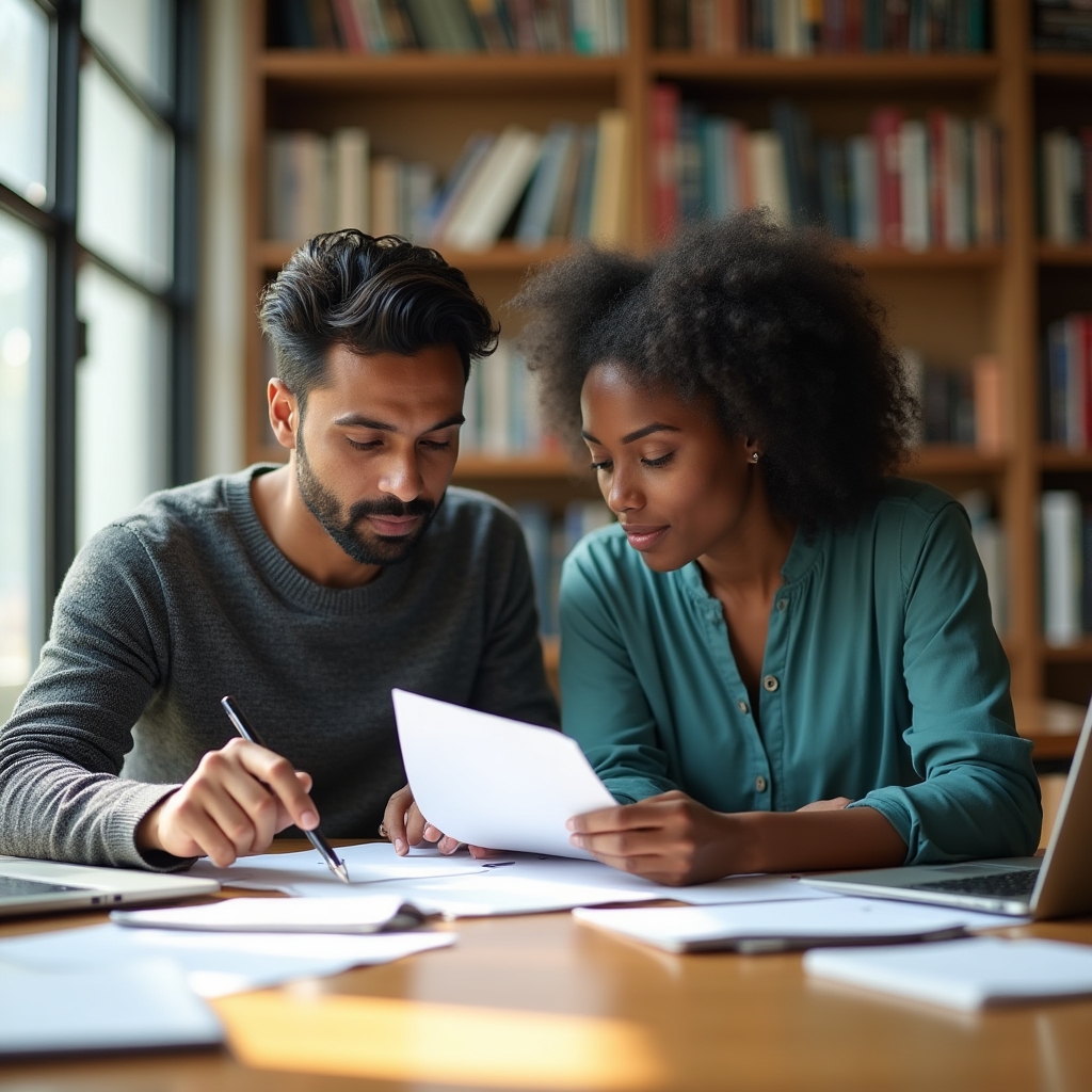 Two content strategists reviewing search data together at a bright academic workspace