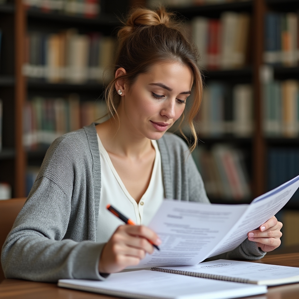 Writer reviewing a structured curriculum document with module outlines at a library desk with warm overhead lighting