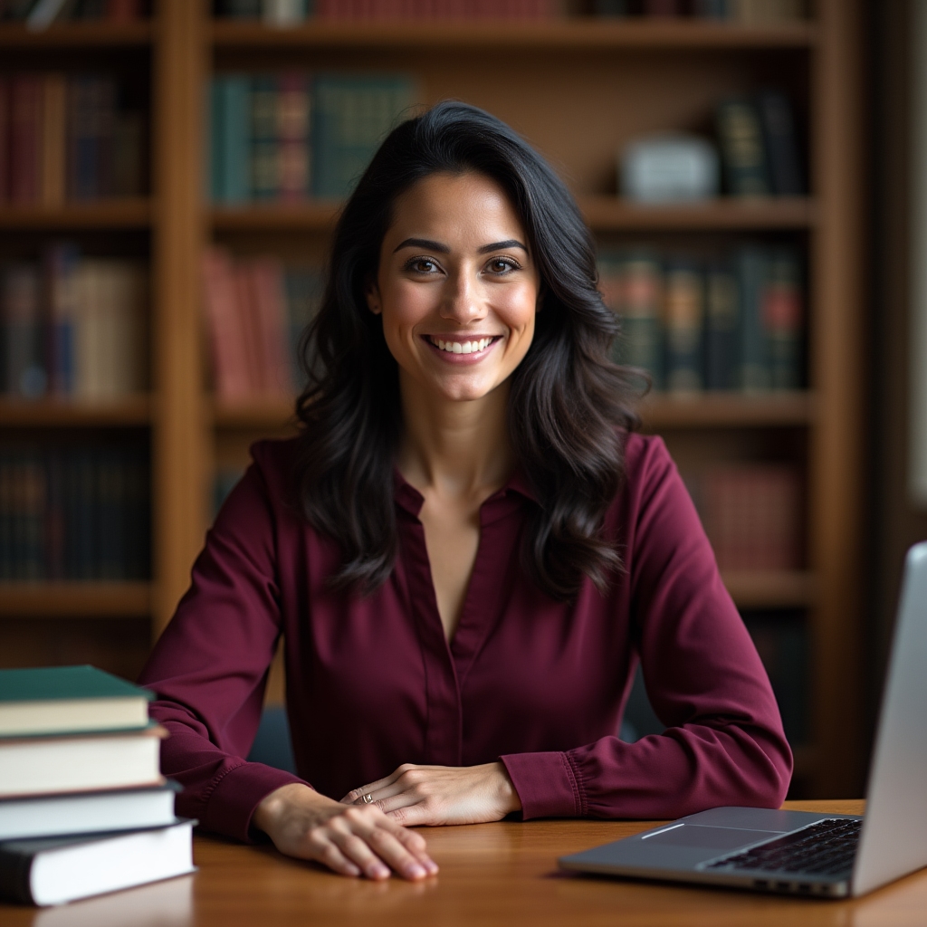 Female content strategist in her early 30s with warm expression seated at a desk surrounded by books in a university library
