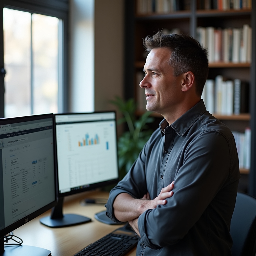 Male content analyst in his mid-30s with focused expression working at a standing desk with multiple monitors showing search results