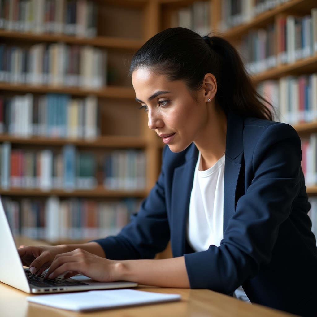 Content writer analyzing search results on a laptop in a university study space