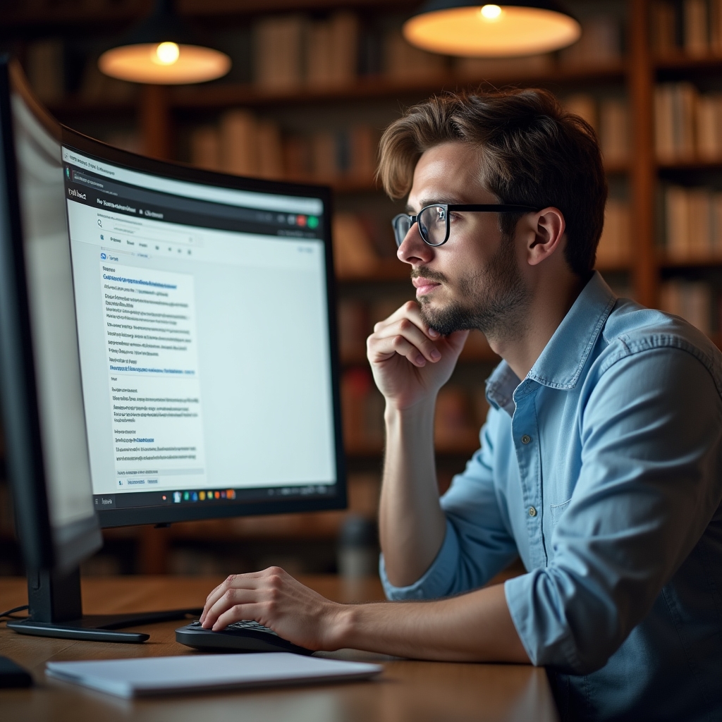 Content writer studying SERP results on a large monitor in a library setting